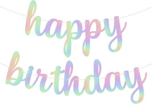 KatchOn, Pre-Strung Iridescent Happy Birthday Banner - 10 Feet | Iridescent happy Birthday Sign for Holographic Happy Birthday Decorations | Mermaid Birthday Decorations | Iridescent Party Decorations