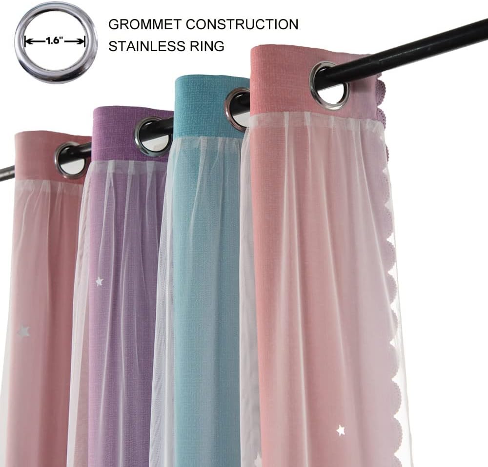 FANLI Ombre Rainbow Blackout Curtains for Kid Girls Bedroom Living Room Darking Stripe Double Layer Star Cut Out Wall Home Decor Gradient Grommet Window Curtains (Pink Purple, 52W x 63L)