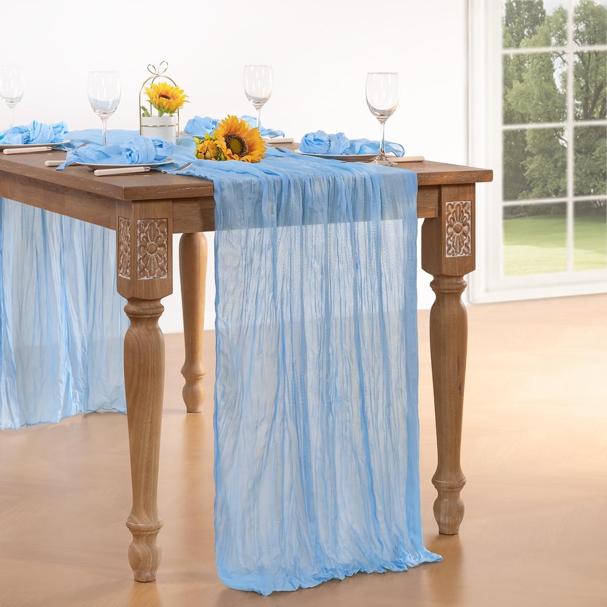 Baby Blue Cheesecloth Table Runner 4 Pack Fall Table Runners Boho Gauze 120 Inches Light Blue Cheese Cloth Fall Table Decorations for Thanksgiving Wedding Bridal Baby Boy Shower Party