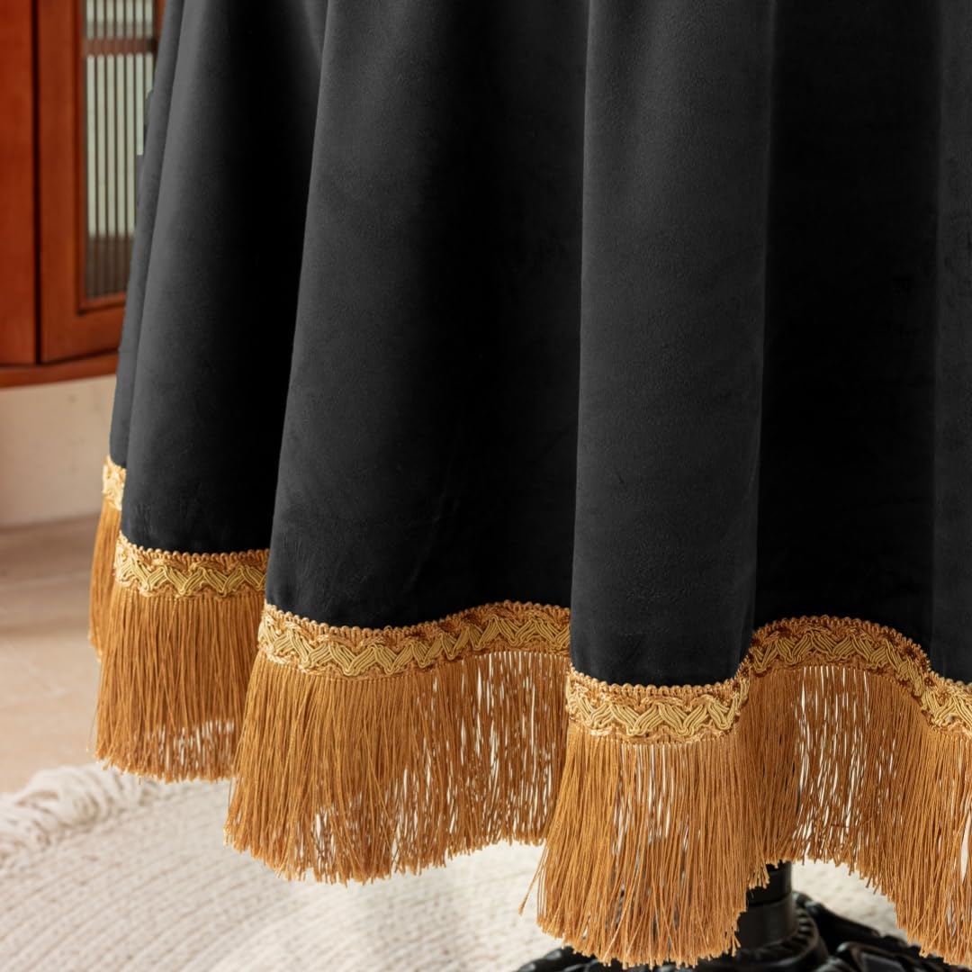 F-CHU Luxury Black Tablecloth Thickset Velvet Tablecloth with Beautiful Gold Tassels Table Cloth for Home Decor Wedding, Party, Banquet and Events 60x60-Inch