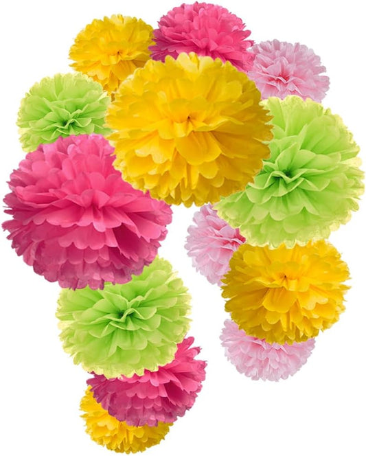 Hot Pink Yellow and Green Tissue Paper Pom Poms Flower for Baby Shower Spring Summer Jungle Birthday Wedding Groovy Theme Party Decoration, 12pc