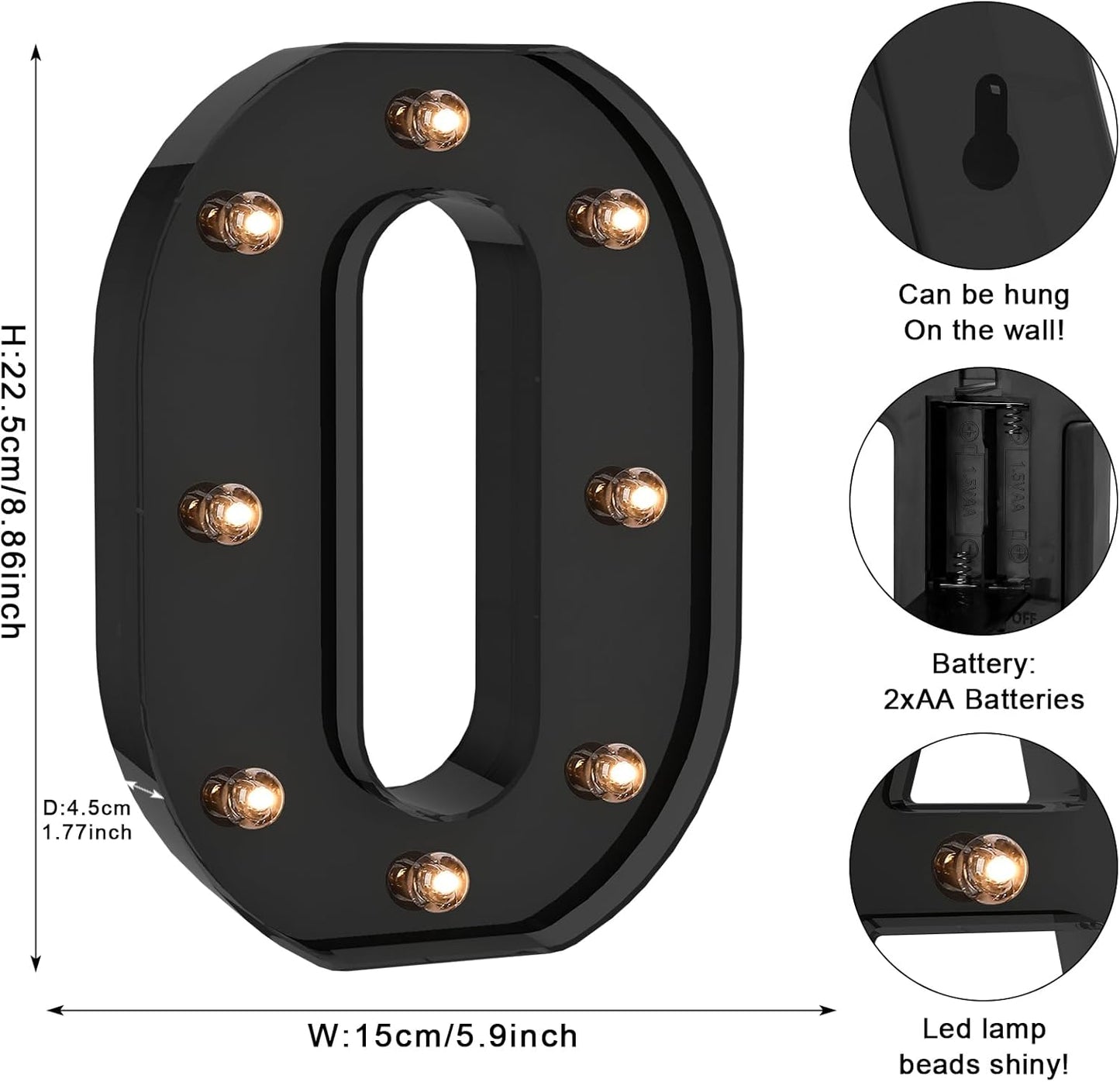 Foaky Black LED Letter Lights for Room Decor - Bedroom Wall Decor, Alphabet Lights for Home, Wedding, Party - Battery Operated （O）