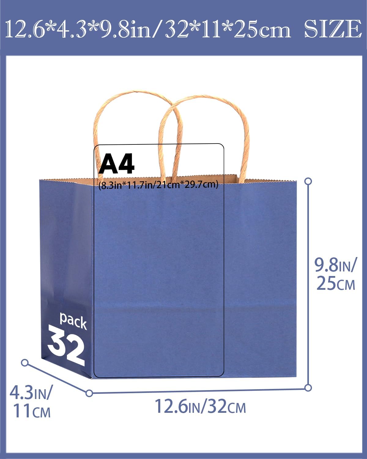 qiqee 100PCS Large Gift Bag with Handles Bulk 13"x4.5"x10" Gift Bags Kraft Deep Blue Multiple Uses (32x11x25cm,Wide Large)
