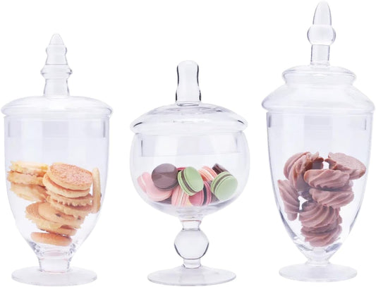 Glass Apothecary Jars with Lids, Small Storage Containers, Set of 3 Wide Mouth Storage Candy Jar Decorative Candy Buffet Organizer Canisters Elegant Kitchen