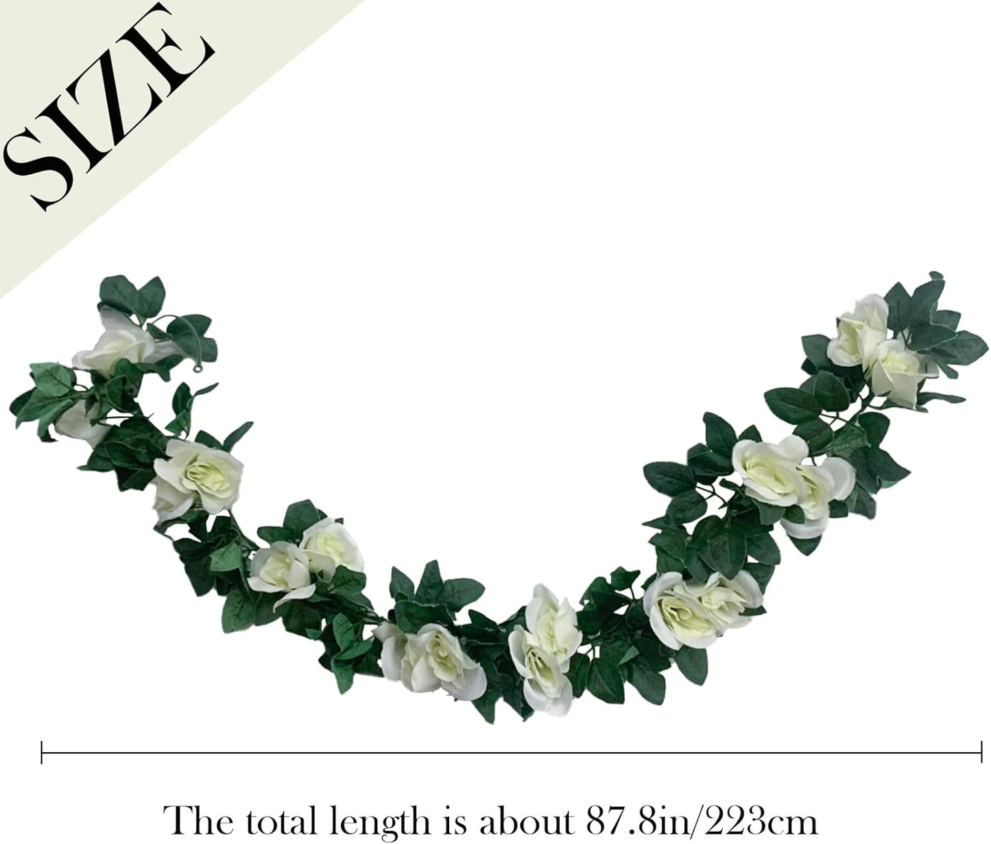 2 Pack Artificial Rose Vine Garland Fake Roses Flowers Plants Vines Hanging Floral Leaves Decoration for Wedding Party Table Garden Arch Wall Home Room Decor(White)