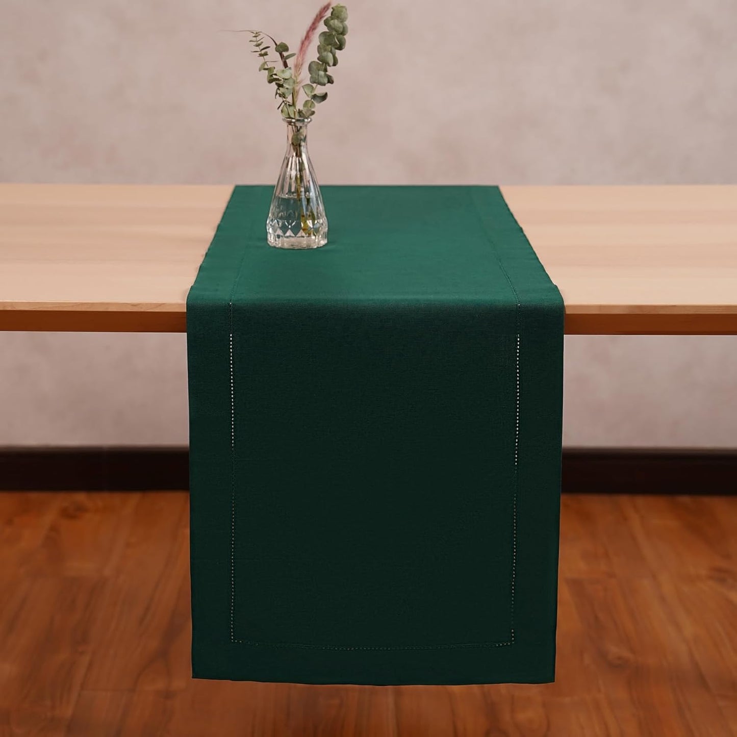 Green Table Runner 90 Inch – Cotton Linen Hemstitch Farmhouse Table Runner 14x90 – Washable Fabric for Dining Table, Spring, Summer, Wedding, Christmas, Everyday Décor – Serena