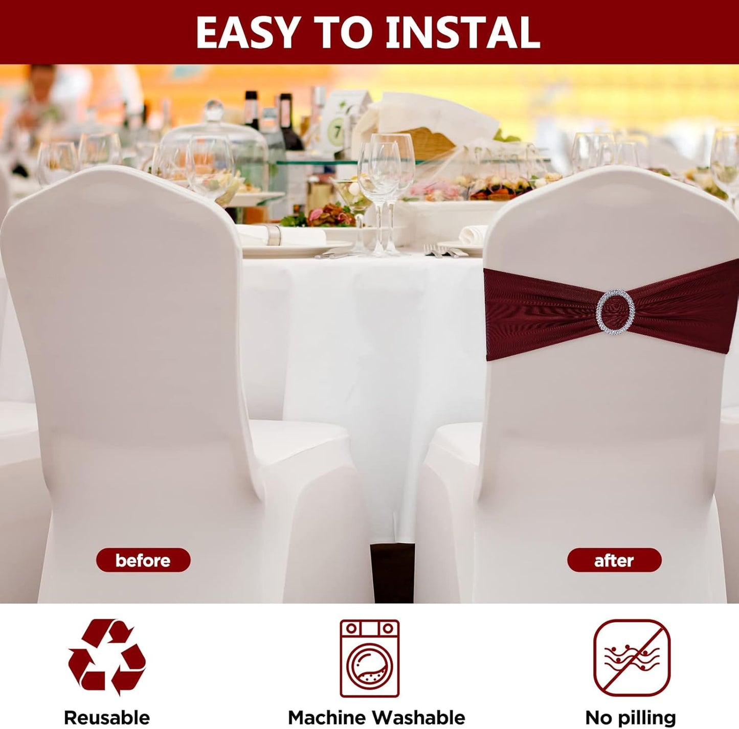 CHENGU 150 Pieces Spandex Stretch Chair Sashes Bows Elastic Chair Cover Bands Ties with Buckle Slider for Wedding Party Reception Events Universal Ceremony Banquet Decorations(Burgundy)