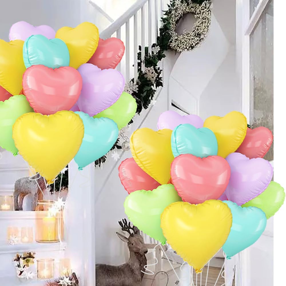 5 Colors Heart Balloons，18 Inch Color of Macaron Foil Mylar Love Heart Shaped Balloons for Anniversary Wedding Engagement Celebration Birthday Party Baby Shower Decorations(12Pcs)