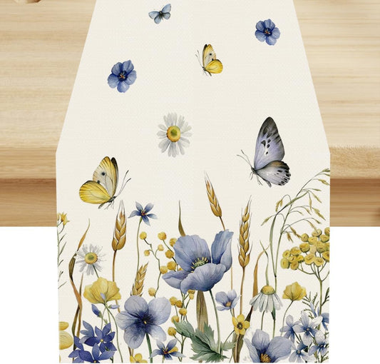 Floral Table Runner, Spring Watercolor Flower Plants Nature Butterfly Table Runner for Kitchen Dinner Living Room Home Party, 13x108 Inch