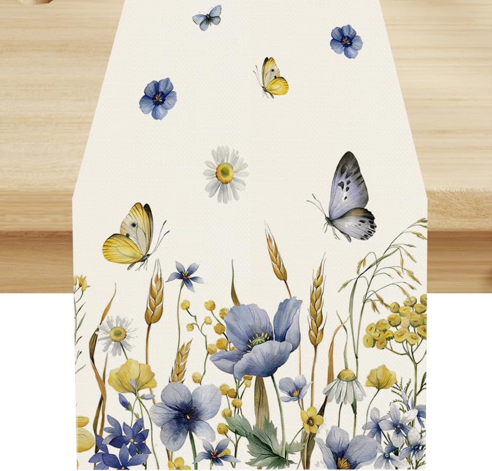 Floral Table Runner, Spring Watercolor Flower Plants Nature Butterfly Table Runner for Kitchen Dinner Living Room Home Party, 13x120 Inch