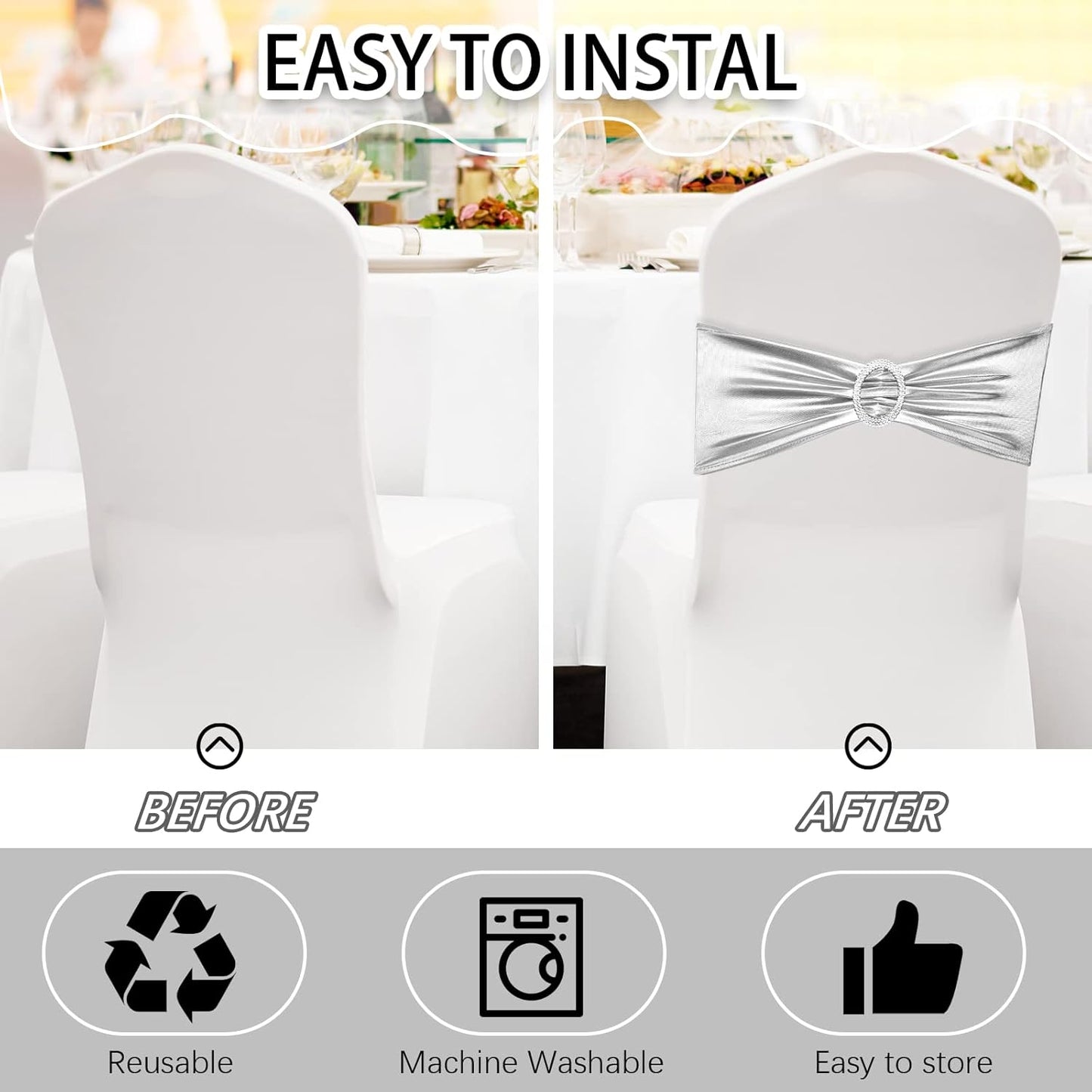 CHENGU 150 Pieces Spandex Stretch Chair Sashes Bows Elastic Chair Cover Bands Ties with Buckle Slider for Wedding Party Reception Events Universal Ceremony Banquet Decorations (Silver)