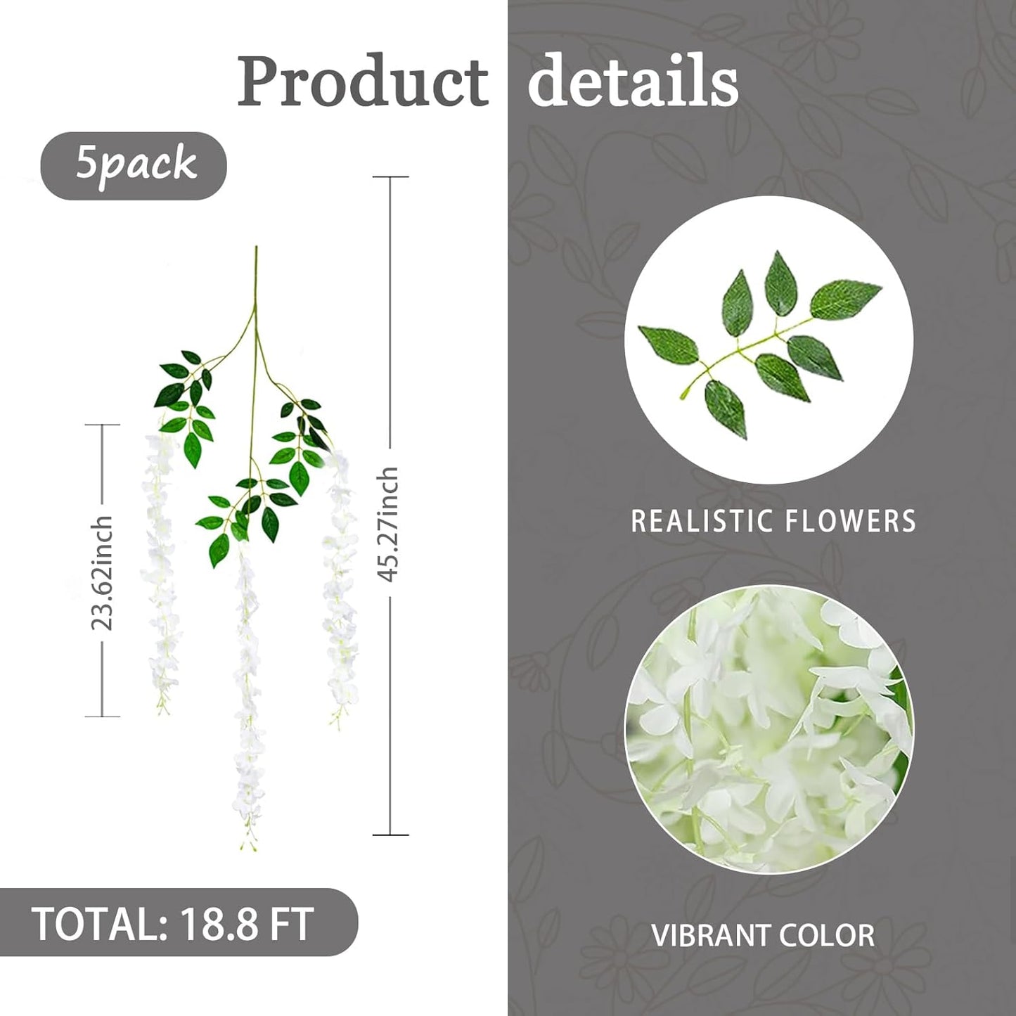 5 Pack White Wisteria Hanging Flowers Garland, 3.77 Feet Artificial Flower Vines, Fake Wisteria, Artificial Vines Hanging Garland for Backdrop Outdoor Yard Garden Decor