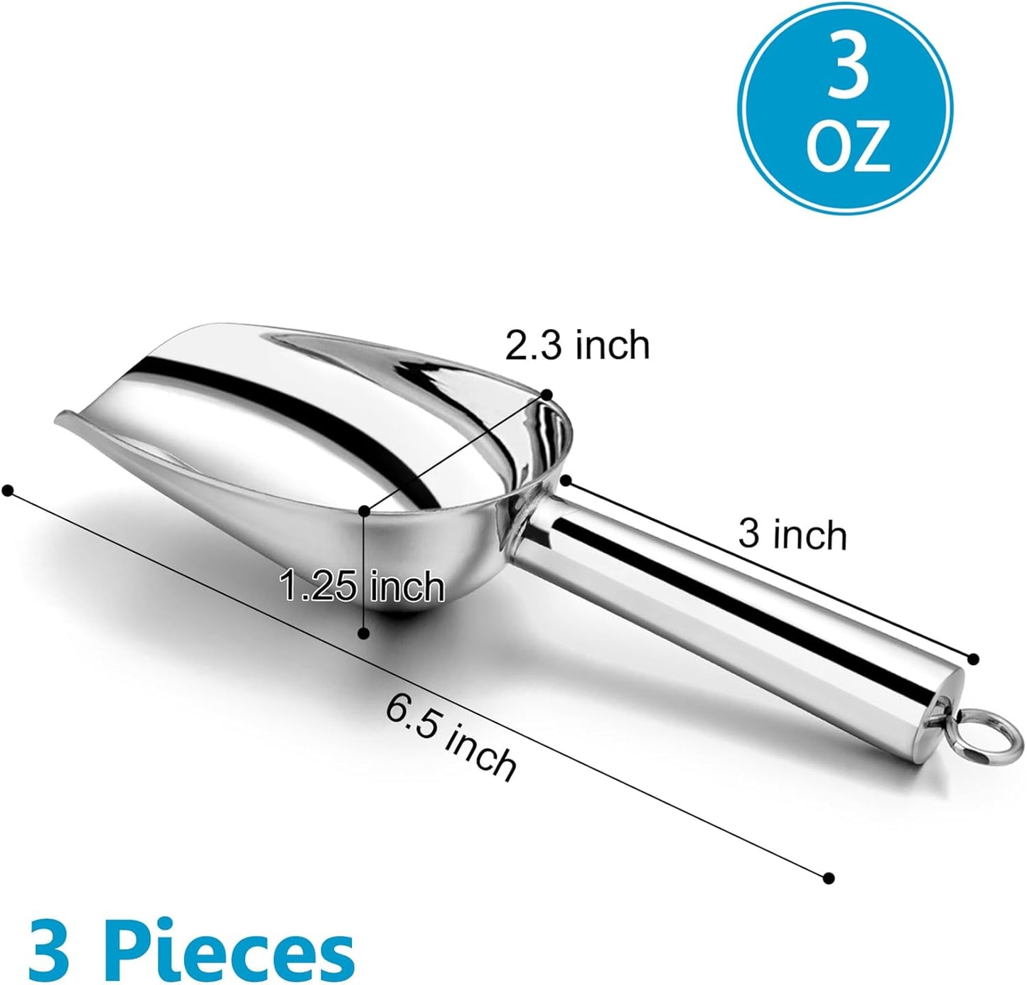 P&P CHEF Canister Scoop Set of 3, Ice Candy Scoop, Stainless Steel Multipurpose Food Scooper for Buffet Jar Freezer, Mirror Finish & Dishwasher Safe, Silver, 3+3+3 Oz