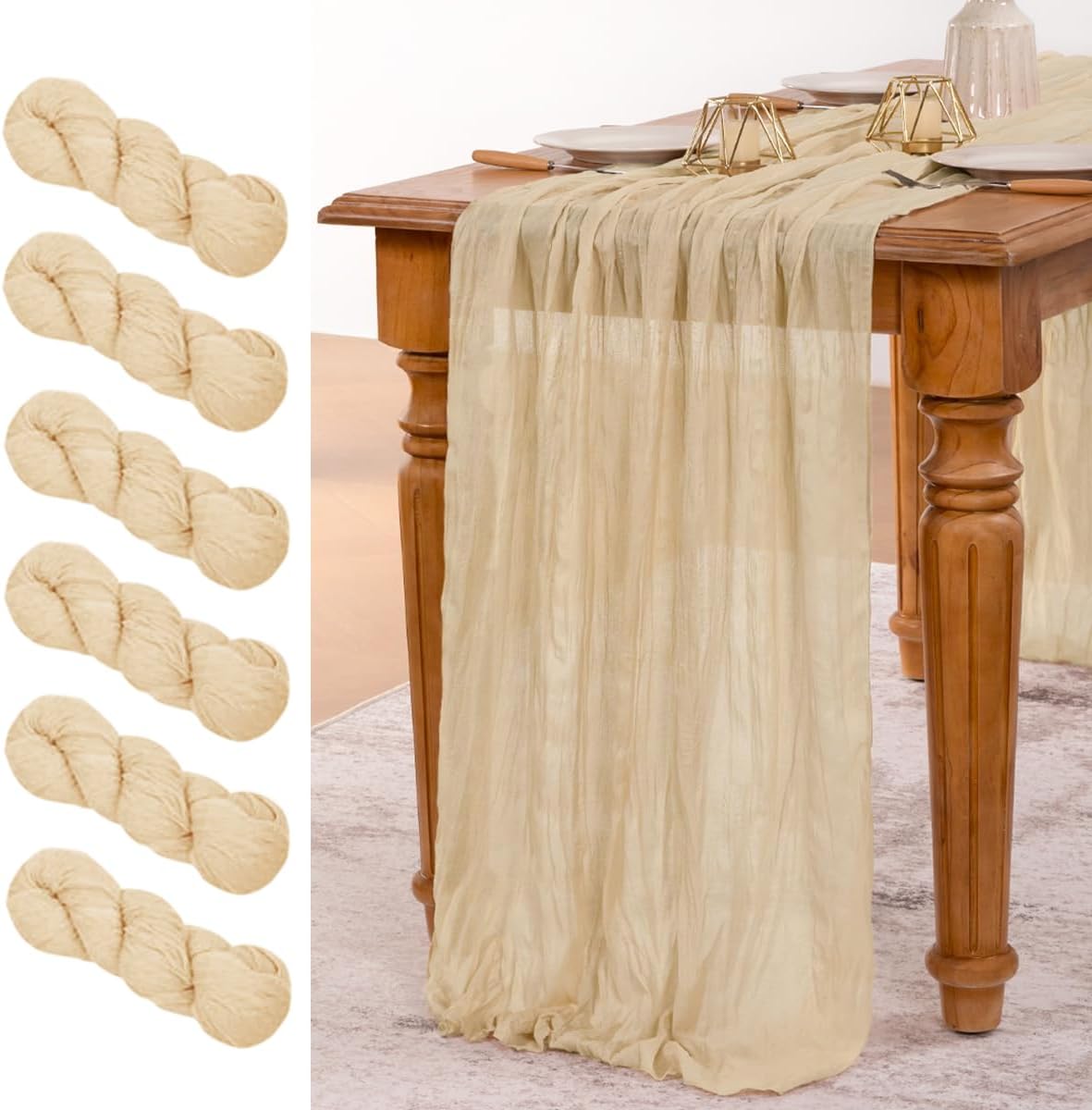 MLMW 6 Pack Champagne Gold Table Runner Cheesecloth Boho Gauze Rustic Cheese Cloth 160 inch Sheer Wedding Table Runner 13.3ft for Thanksgiving Party Baby Bridal Shower Birthday