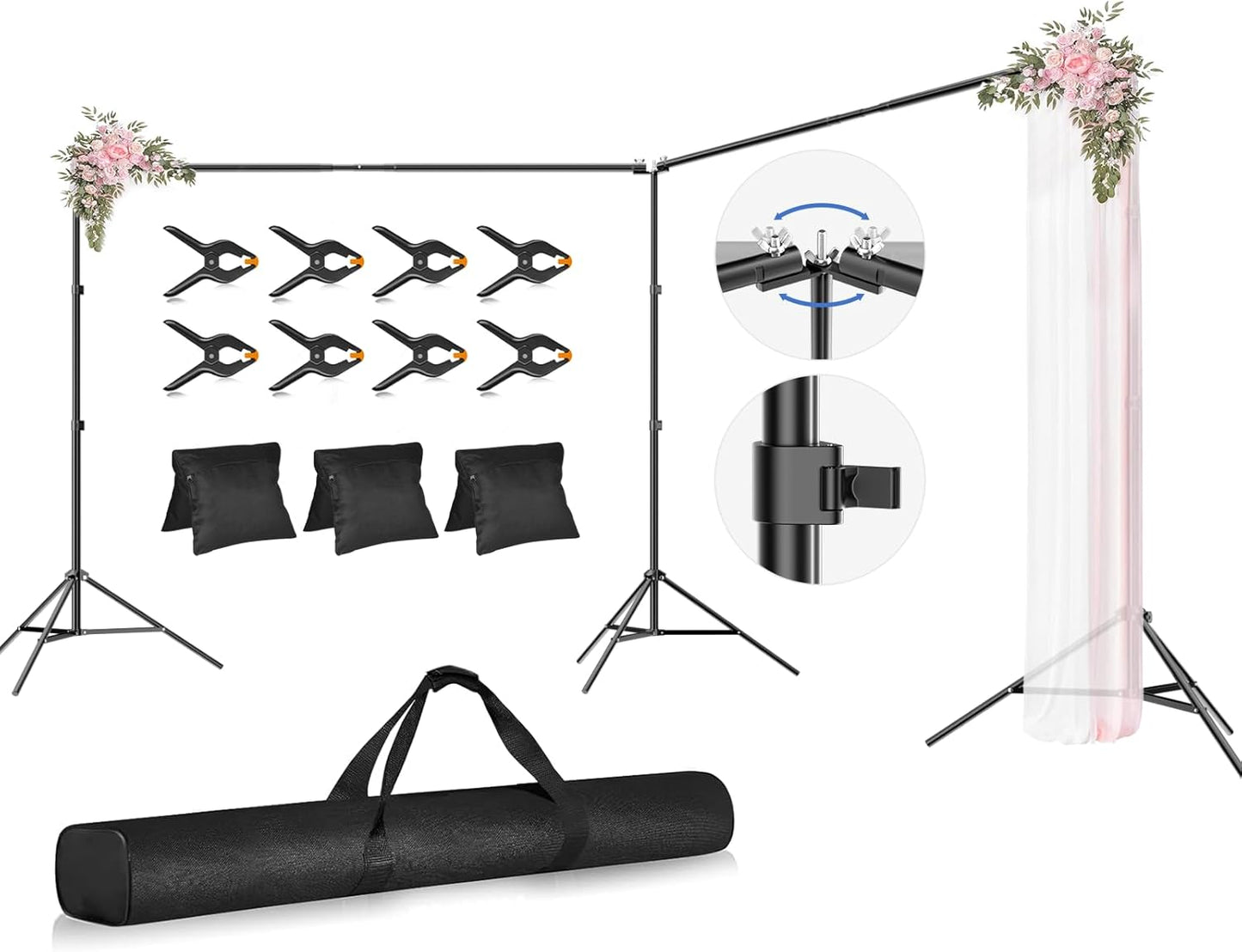 Photo Video Studio Large 20x7ft Adjustable Backdrop Stand, Photography Background Support System Kit with 310° Angle Rotatable Connector, 8 Clamps, 3 Sandbags and Carrying Bag