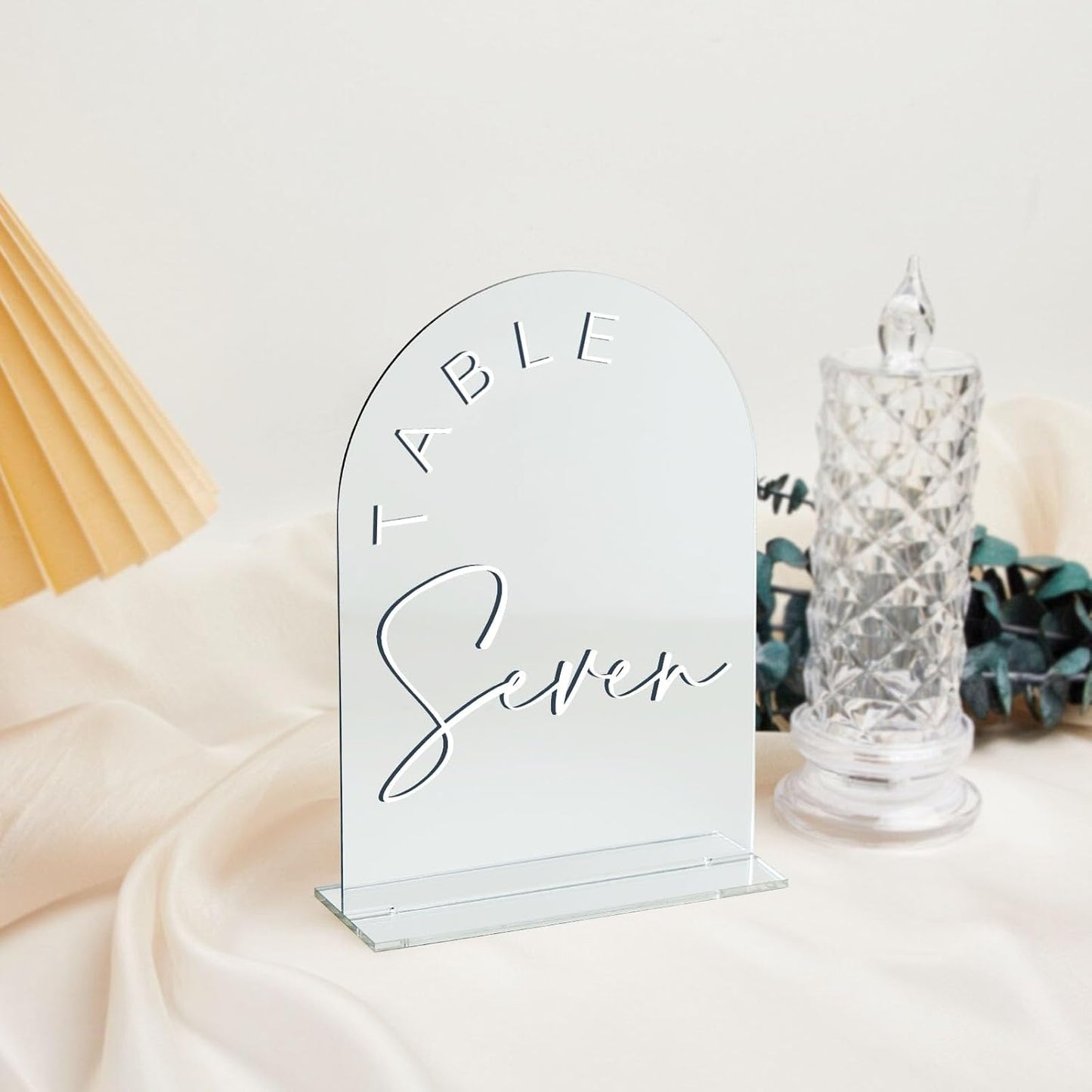 JINMURY Sliver Arch Wedding Table Numbers 1-10 with Stands, 5x7 Inch Acrylic Arch Sign with White Lettering, Sliver Mirror Acrylic Table Numbers for Wedding Reception