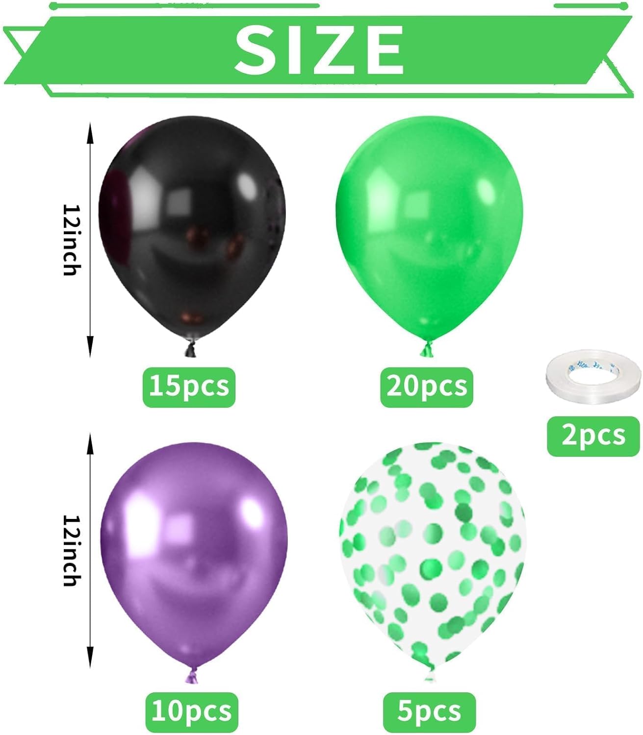 Purple and Green Balloons, 52 PCS 12 Inch Metallic Chrome Purple Light Green Black Latex Balloons with Black Green Confetti Balloons for Boys Girls Birthday Party Baby Shower Decorations
