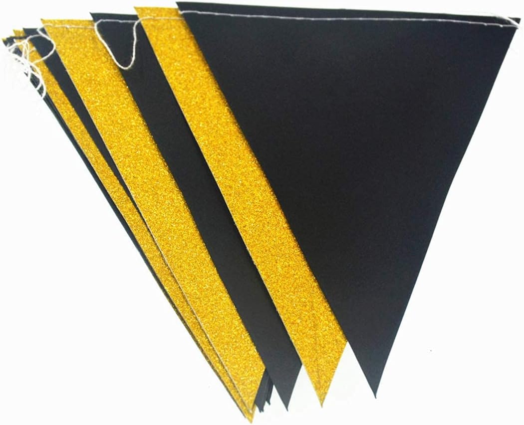 MerryNine Triangle Flag Bunting Banner, 3 Pack 30 Feet Vintage Style Pennant Banner for Wedding, Baby Shower, Event & Party Supplies 45pcs Flags (Triangle Flag - Black Gold Glitter)