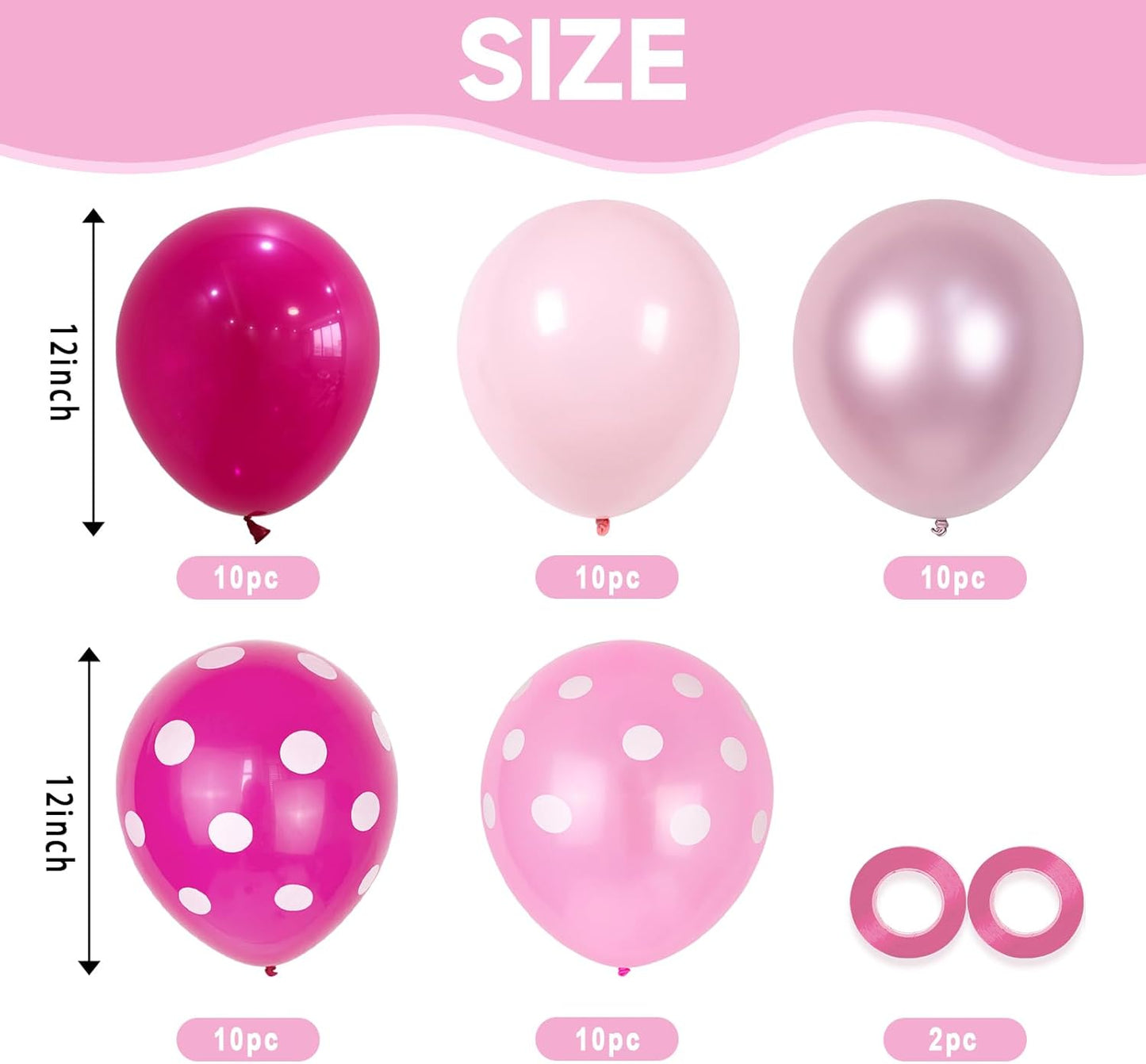 Pink Balloons, 52 PCS Metallic Pink Balloon with Hot Pink and White Dots Confetti Birthday Balloons for Girls Princess, Baby Shower Women Bride Wedding Party Decorations