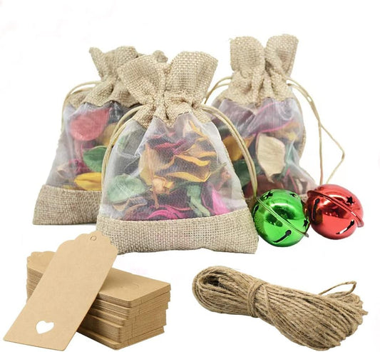 GIOIPC 20Pcs 4 x 6 Inch Linen Burlap Sheer Bags with Drawstring and Bonus Gift Tags for Wedding Birthday Bag,Craft Bags,Cosmetic Samples