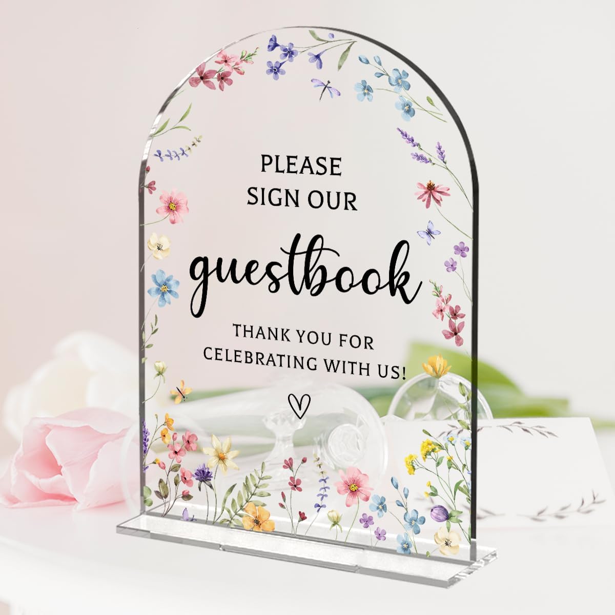 Wedding Sign Decor, Photo Guest Book Sign, 5x7 Inch Arch Acrylic, Wedding Sign for Reception & Event, Bridal Shower Decorations, Wedding Table Sign Accessories for Anniversary And Party (Flower)