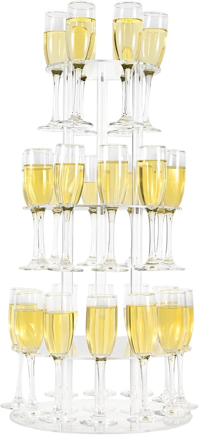 Champagne Tower, Circle Acrylic Champagne Display Rack Stand with 28 Slots, 3 Tier Floating Sight Champagne Flute Holder for Party, Wedding, School, Celebration, 13.4x13.4x25.5 inch