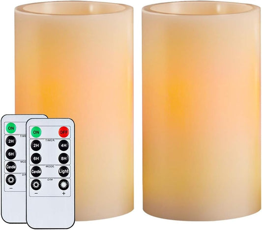 Homemory 5"x3" Wax Flameless Candles, Battery Operated LED Pillar Candles with Remote Control & Timer, Amber Yellow Flickering Light for Party, Wedding, Festival, Ivory, Indoor Only, Set of 2
