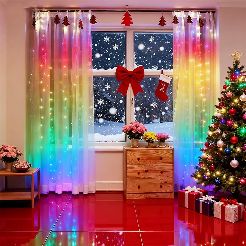 300LED Fairy Curtain Lights, 9.8x9.8Ft Warm White USB Plug in 8 Modes & Timer Christmas String Hanging Lights with Remote for Bedroom Indoor Outdoor Weddings Party Wall Decorations(rainbow)