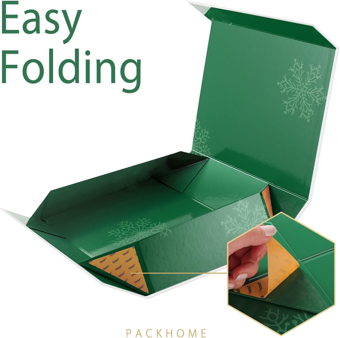 PACKHOME Christmas Gift Box 13x9.7x3.4 Inches, Large Gift Box with Lid, Sturdy Shirt Box with Magnetic Lid for Wrapping Gifts (Green Snowflake Pattern)