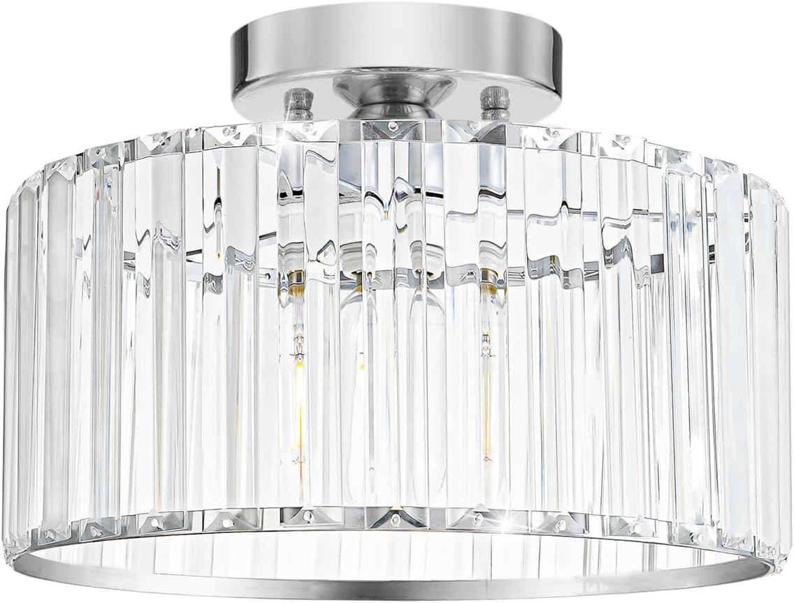 Crystal Ceiling Light Fixture, Chrome Close To Ceiling Light Fixtures, Modern Semi Flush Mount Ceiling Light, Hallway Lighting Fixture Chandelier for Bathroom Bedroom Porch Kitchen Living Room, 11in