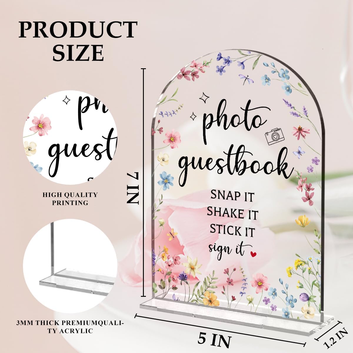 Wedding Sign Decor, Photo Guest Book Sign, 5x7 Inch Arch Acrylic, Wedding Sign for Reception & Event Party, Bridal Shower Decorations, Wedding Table Sign Accessories for Anniversary And Event(Flower)