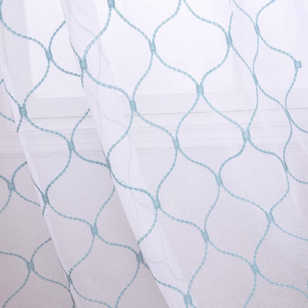 Embroidery Sheer Curtains Blue 63 Inches, Rod Pocket Voile Drapes for Living room, Bedroom, Window Treatments Wave Diamond Semi Crinkle Curtain Panels for Yard, Patio, Villa, Set of 2, 52"x 63".