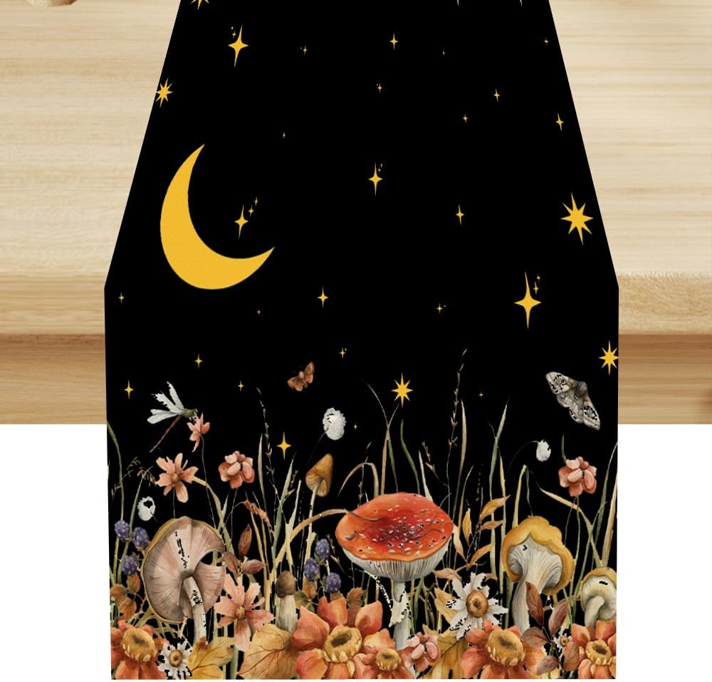Mushroom Kitchen Table Runner, Gothic Moon Star Plants Witchy Moonlit Flower Butterfly Table Runner for Kitchen Party Living Room Drapes, 13x70 Inch Black
