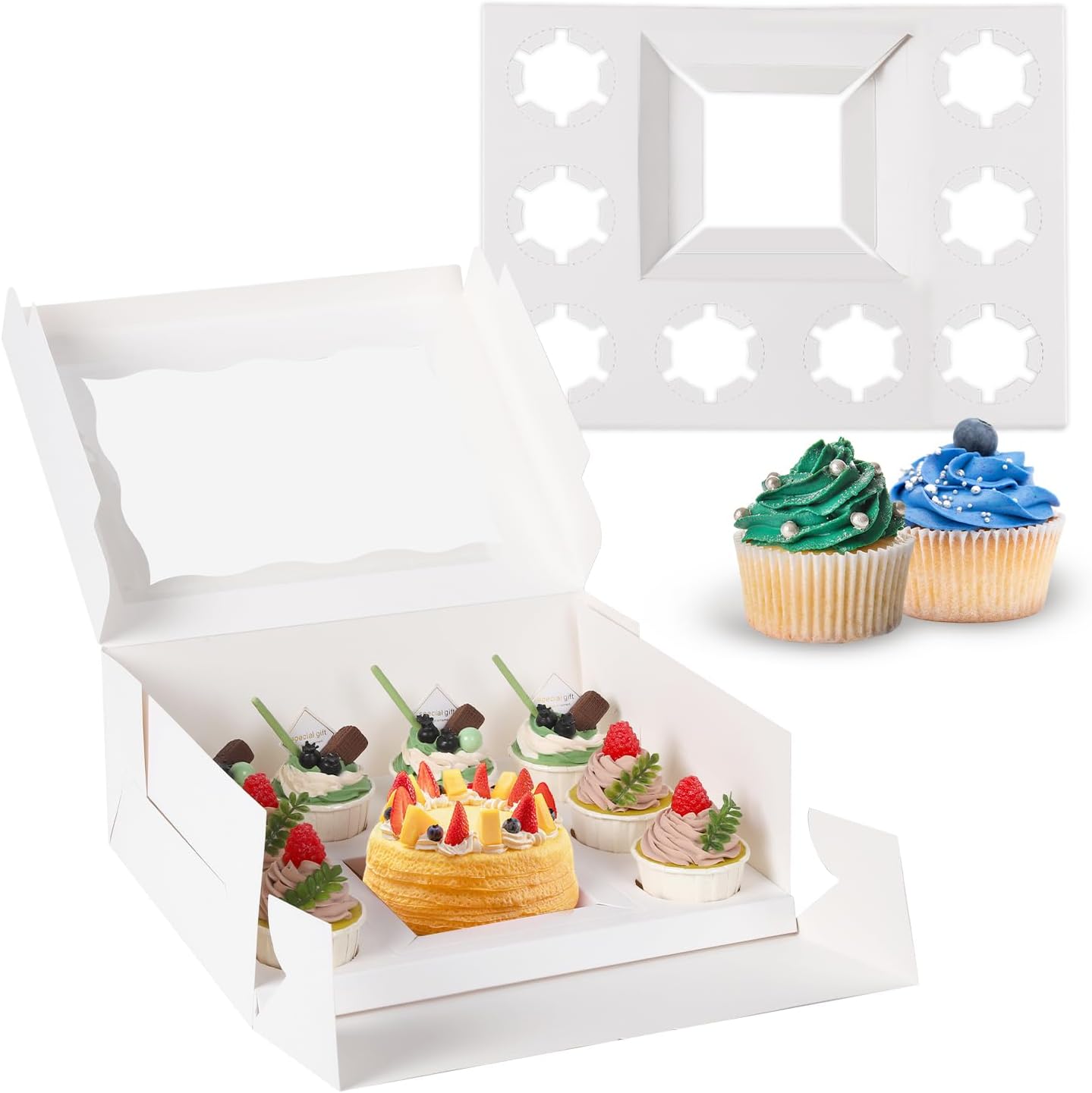 JCD 9 Holes Fit 8 Cupcakes and 1 Mini Cake Box Combo,8 sets of Cake Boxes, Pastry Sweets Bento Box, Cupcake Combo Box with Stickers(1+8/8pcs)