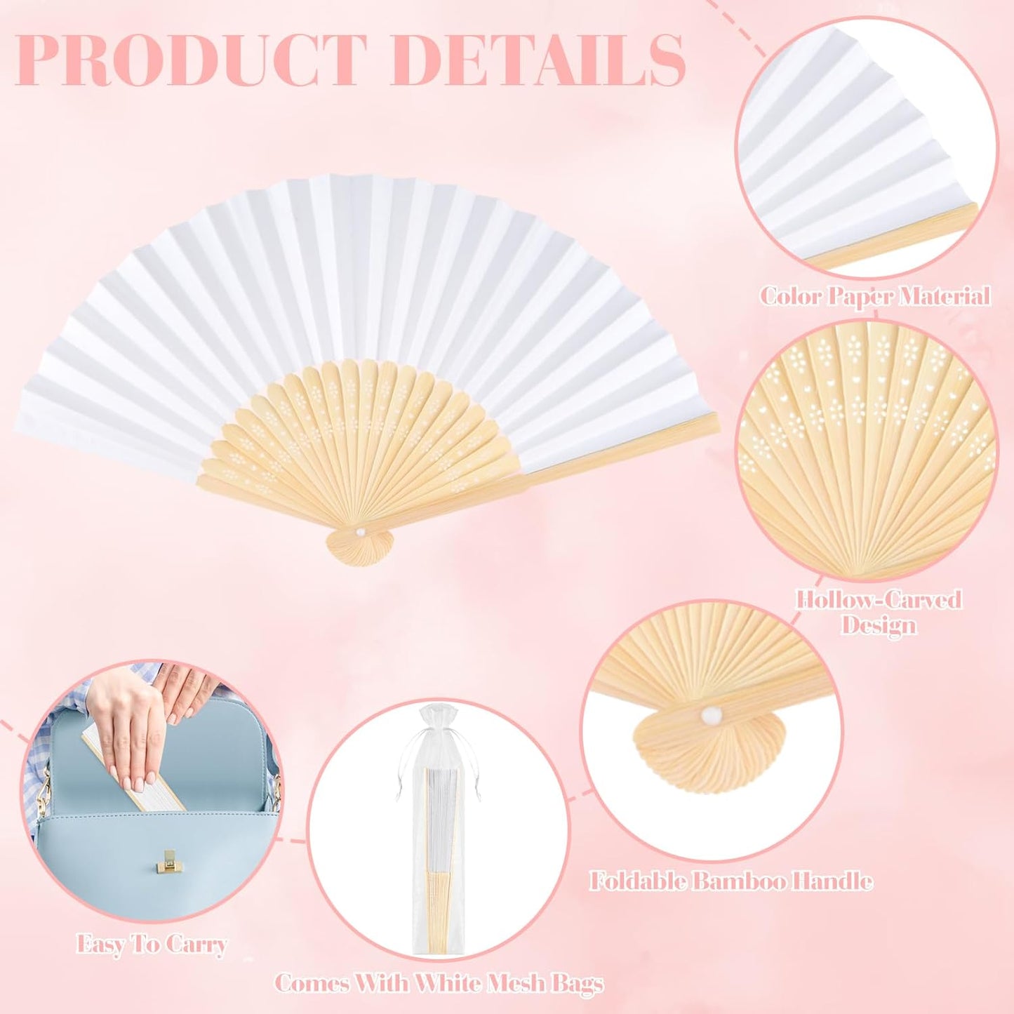 6 Pieces White Hand Held Bamboo Folding Fans Foldable Paper Fans Handheld for Women Girls Wedding DIY Decoration Church Home Party Favors Summer