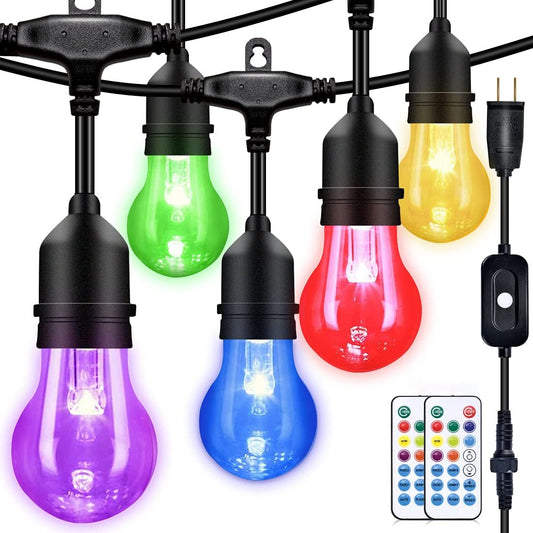 48FT Outdoor RGB String Lights, 16 Shatterproof Edison Bulbs, Dimmable Color Changing Patio Lights with Remote Control. Perfect for Bistro Commercial LED Decorative Lighting