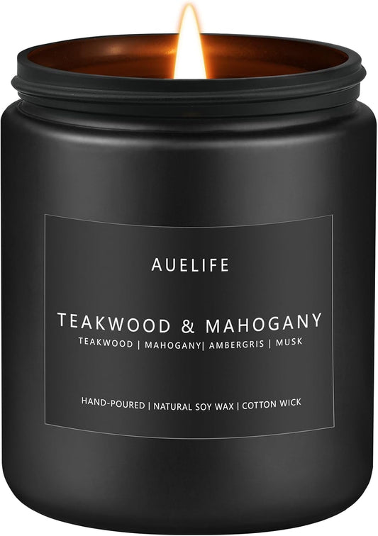 Teakwood & Mahogany Candle | Masculine Candles for Men, Gifts for Men - Soy Candle for Home Scented - Scented Candles for Home, Aromatherapy Gifts Long Lasting Burn Time - 7oz Black Jar