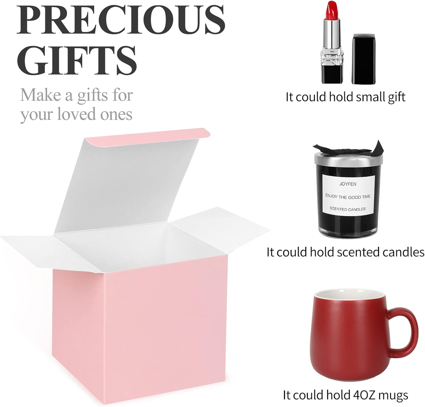 COTOPHER Small Gift Boxes 100 Pack 4x4x4 inches Pink Gift Boxes with Lids for Gifts, Crafting, Wedding Party Favor, Cupcake Boxes, Candy, Bridesmaids Proposal Box with Ribbons and Stickers (Pink, 100