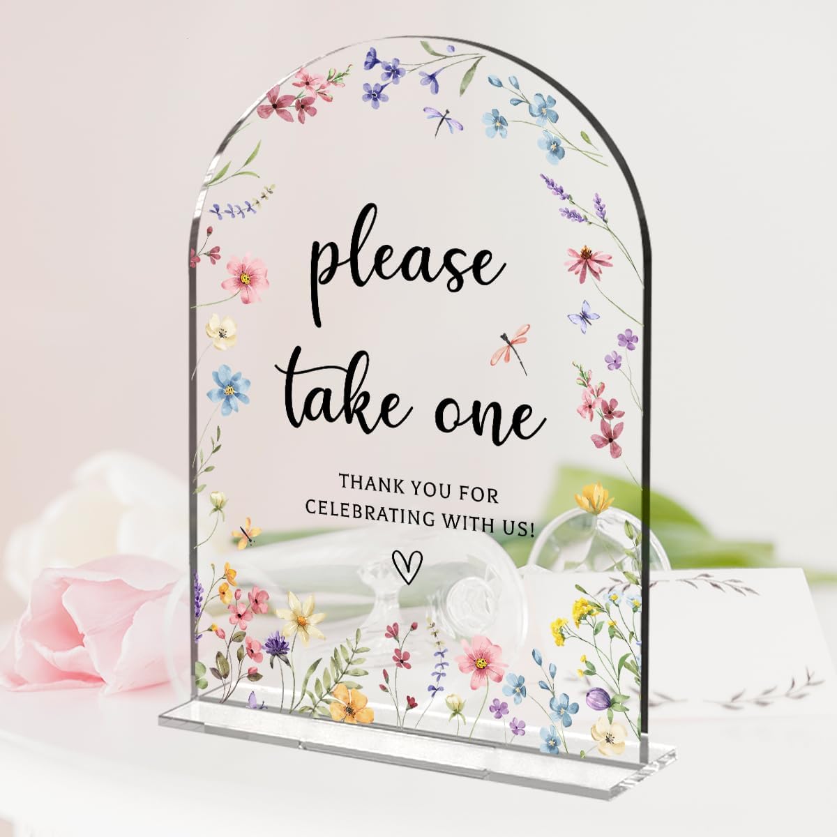 Wedding Sign Decor, Please Take One Sign, 5x7 Inch Arch Acrylic, Wedding Sign for Reception & Event, Bridal Shower Decorations, Wedding Table Sign Accessories for Anniversary And Party (Flower)