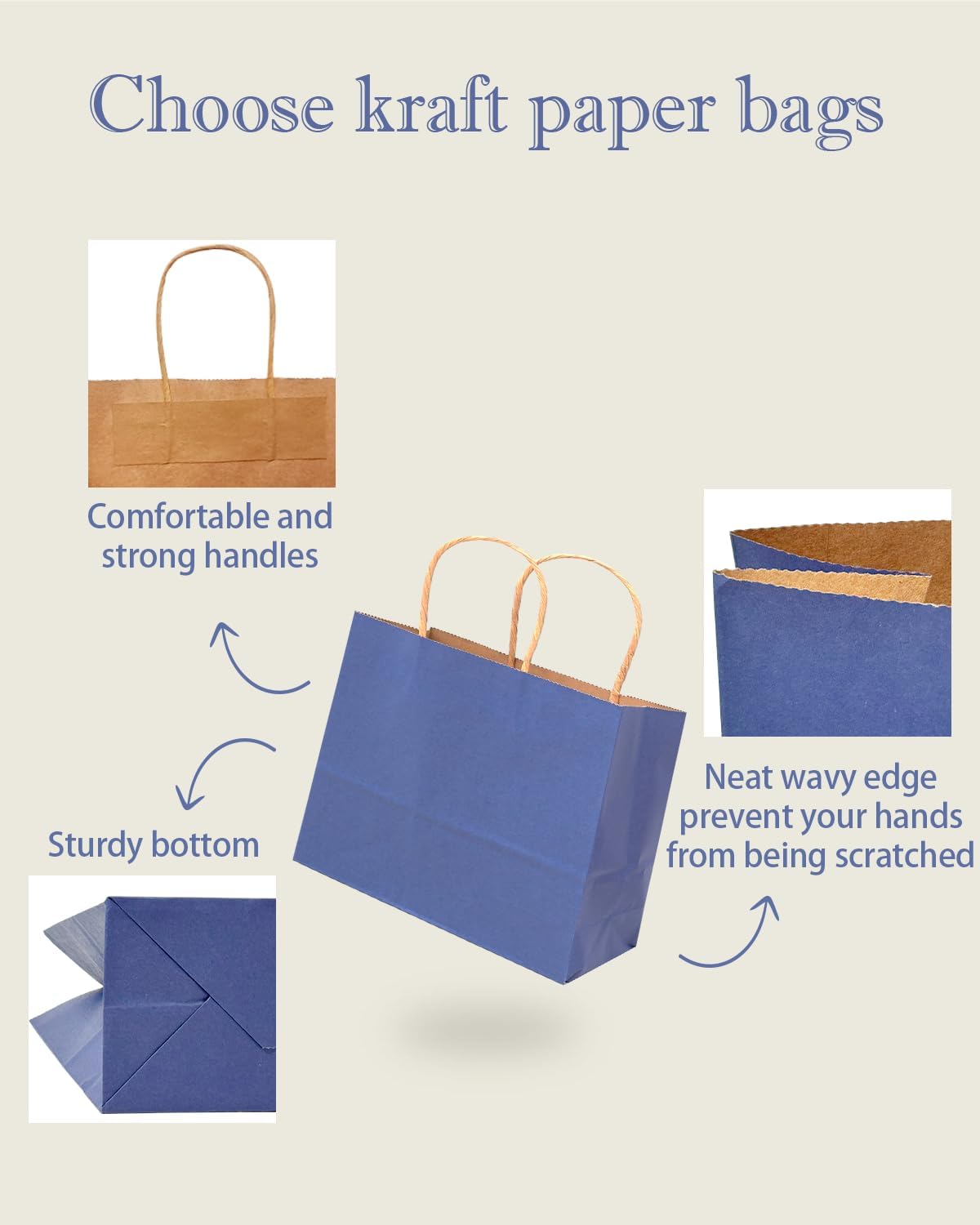 qiqee 100PCS Large Gift Bag with Handles Bulk 13"x4.5"x10" Gift Bags Kraft Deep Blue Multiple Uses (32x11x25cm,Wide Large)