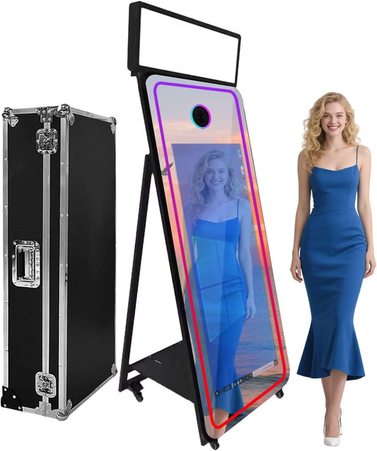 65''Magic Mirror Photo Booth Machine,Mirror Photo Booth 43''Touch Screen,Photo Booth with Flight Case,App Control,RGB Light for Wedding Party Events (Black, Machine)