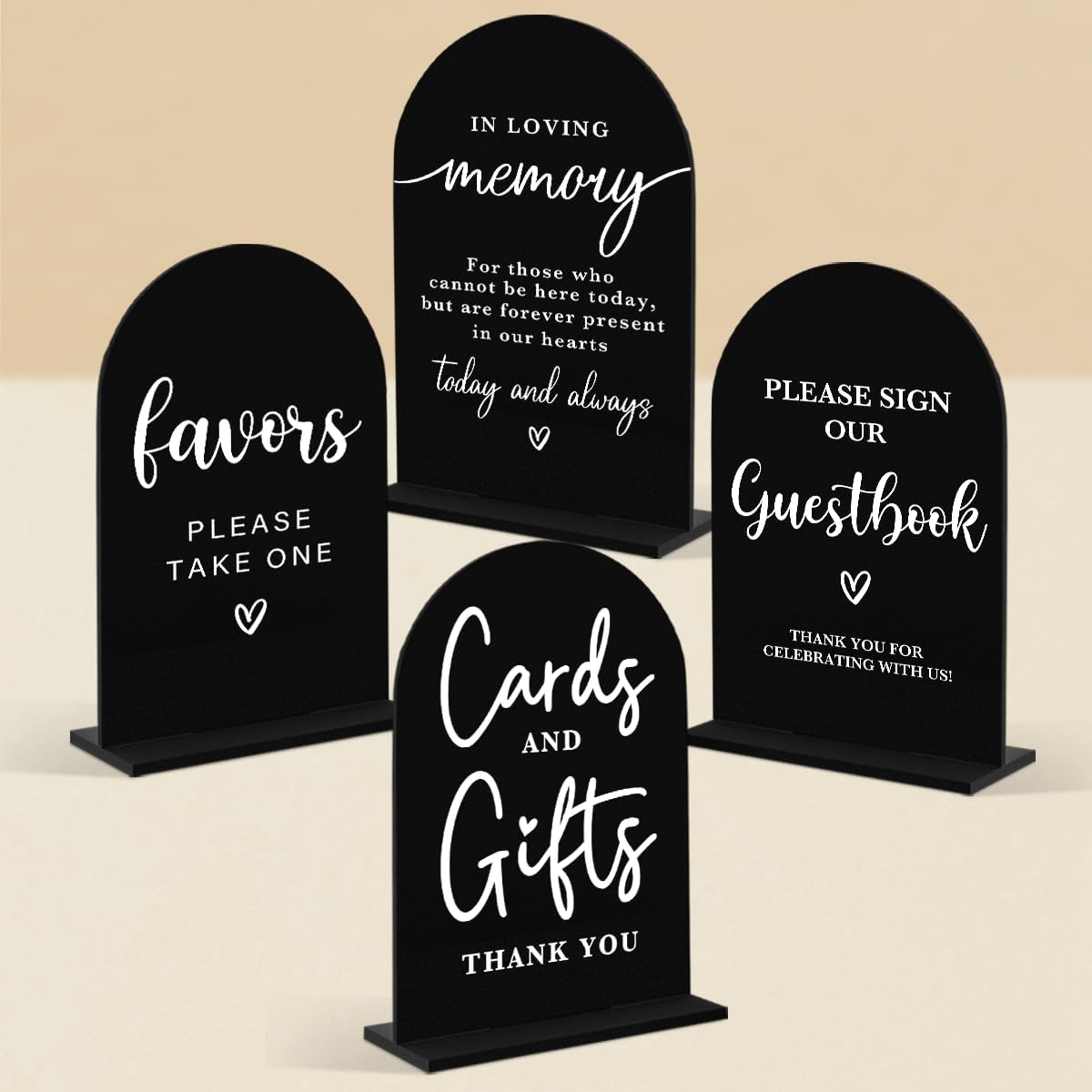4 Pcs Acrylic Wedding Signs for Ceremony and Reception, Bridal Shower Decorations, Cards and Gifts Signs, Guest Book Sign, Arch Acrylic Table Top Sign with Holder for Wedding Reception (Black)