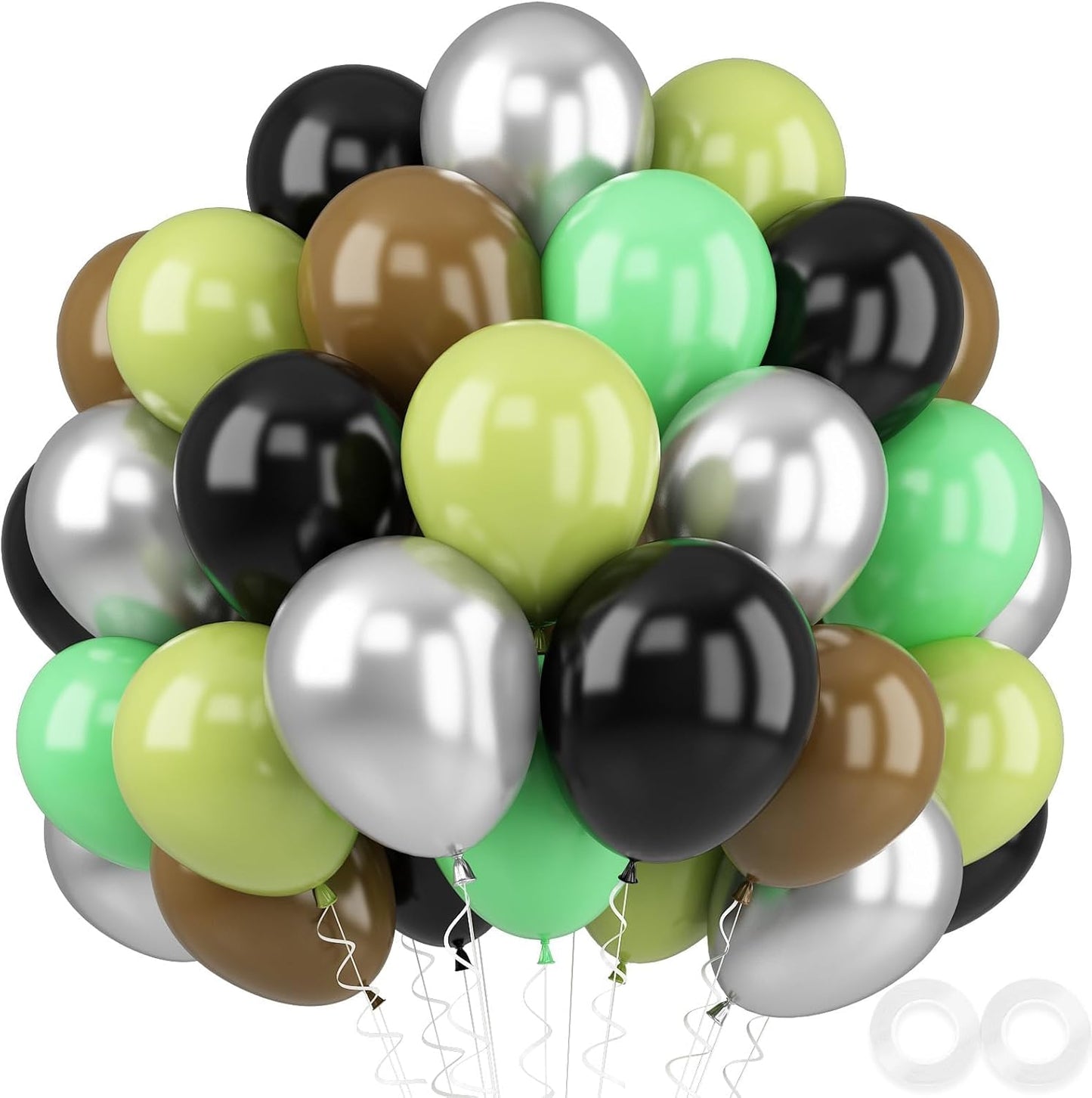 Green and Brown Balloons, 52 PCS 12 Inch Metallic Chrome Silver Light Green Fruit Green Black Brown Latex Balloons, Camping Game Jungle Theme Camo Birthday Baby Shower Army Party Decorations