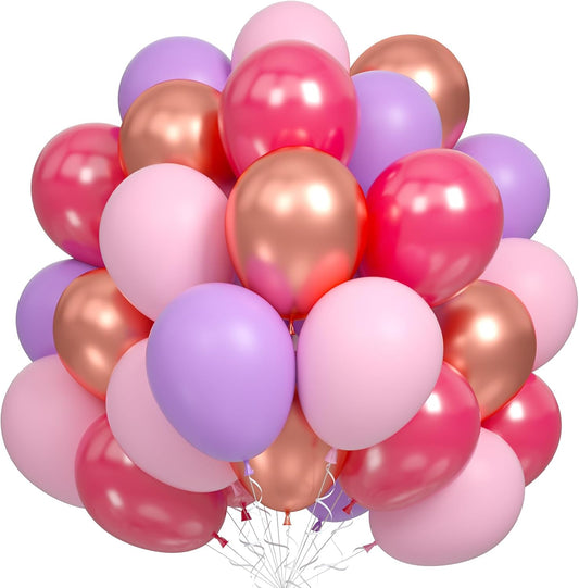 Pink and Purple Balloon Set, 60Pcs Hot Pink Lilac Lavender Balloon with Metallic Rose Gold Balloons, Purple Pinks Rose Red Latex Balloons for Girl Mermaid Butterfly Birthday Party Decorations
