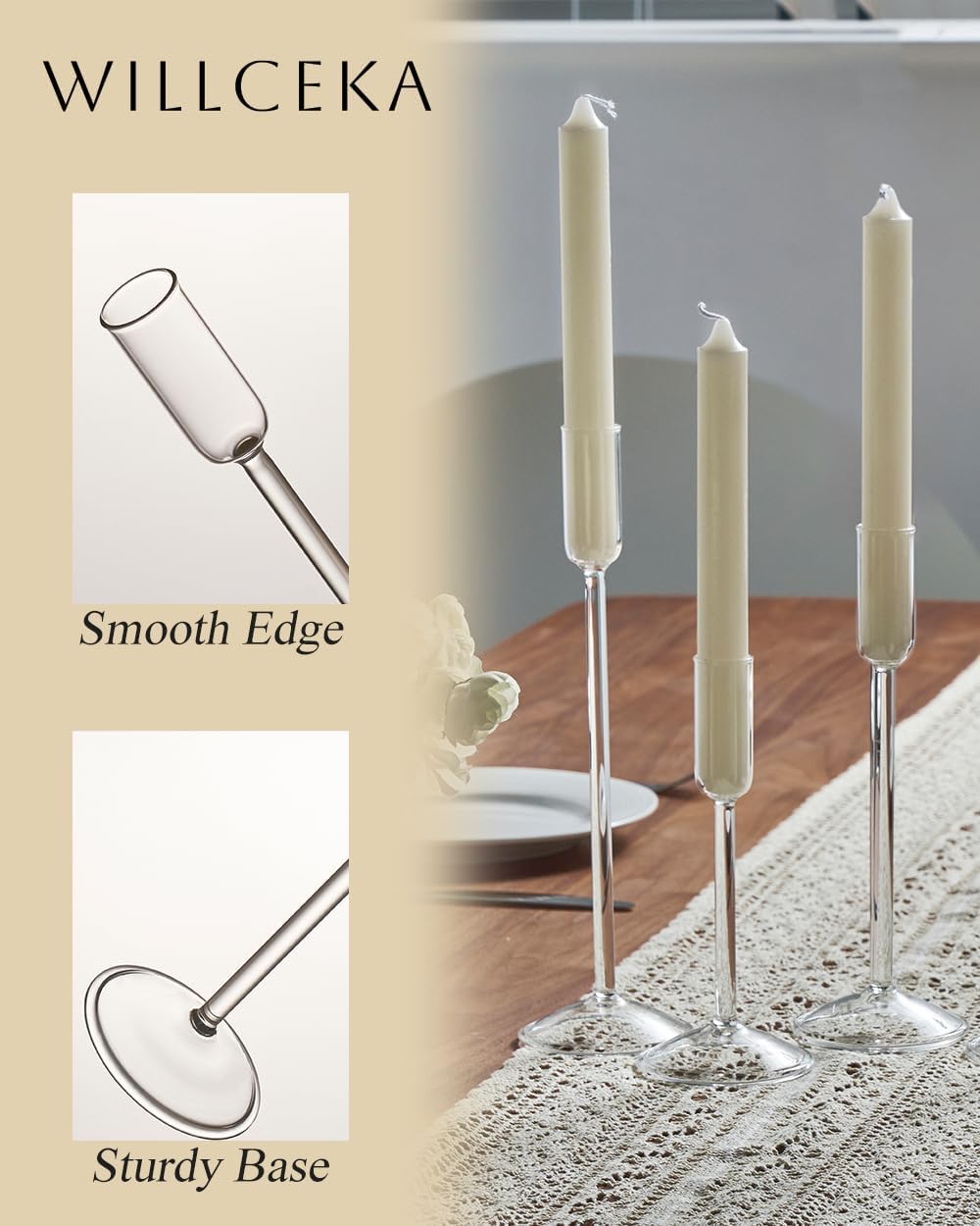 Candle Holder, Glass Taper Candle Tall Candlestick Holder, 3 Different Heights, for Table Centerpiece, Wedding, Party, Clear, 12pcs