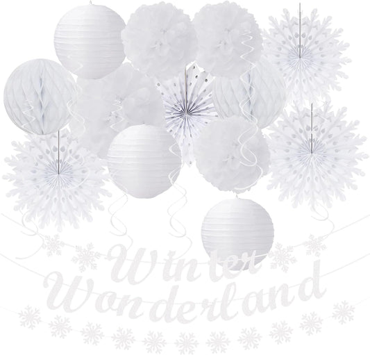 Winter-Wonderland Christmas-Snowflake White Party-Decorations - 21pcs Wedding Baby Shower Snow Banner,Paper Lanterns Honeycomb Streamers,Tissue Pom Poms Flower Fan,Classroom Hanging Decor Huglony
