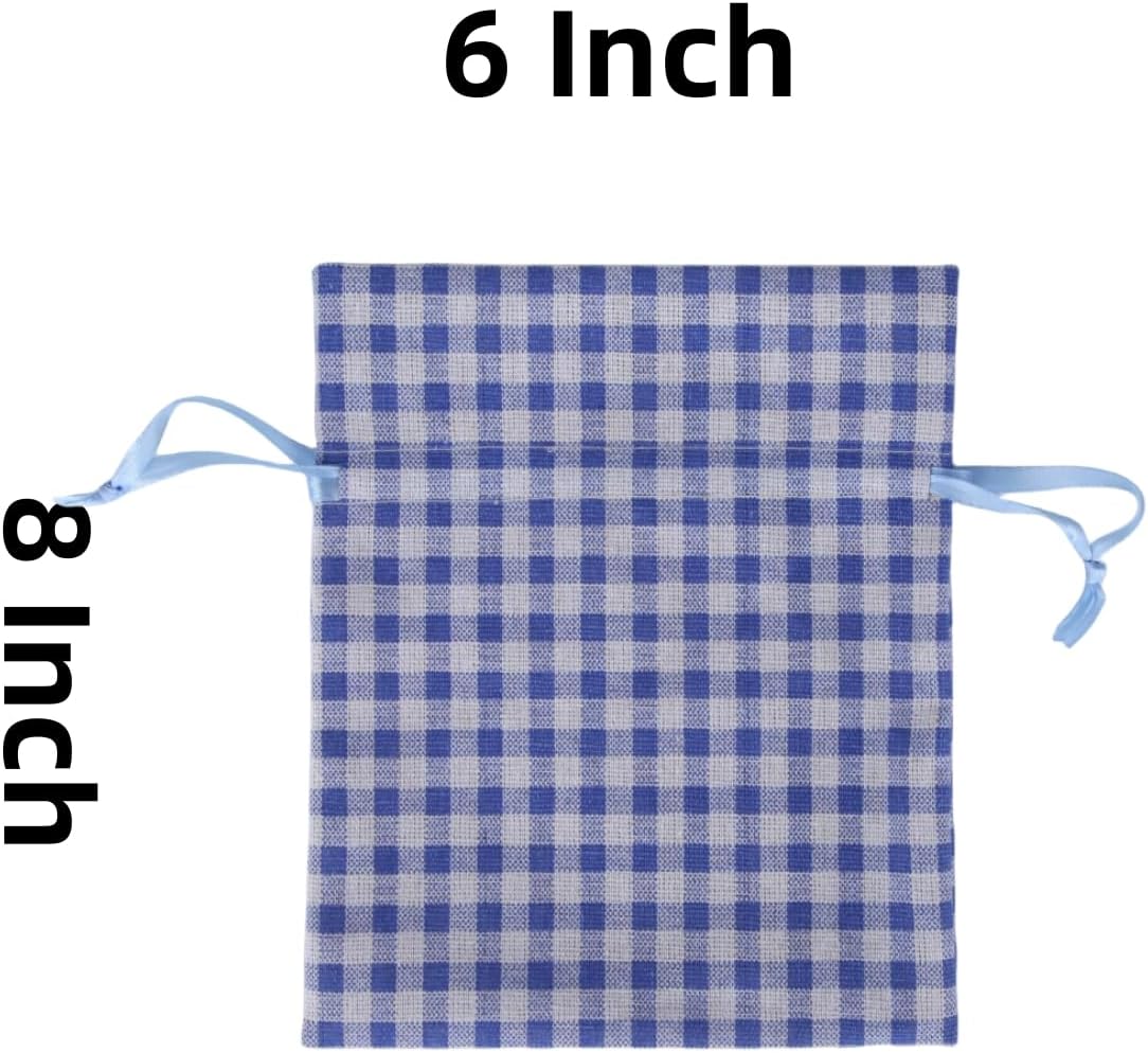 Meseey 5 Pcs Large Buffalo Plaid Burlap Bags with Drawstring - Gingham Sacks Gift Pouch Bags for Easter, Spring, Birthday, Baby Shower (6Wx8L, blue-white plaid)