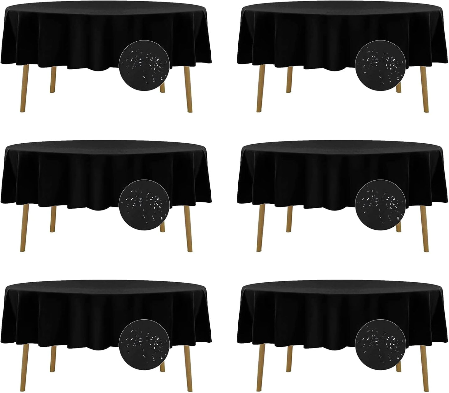 Fokitut 6 Pack Waterproof Round Tablecloth, 90 Inch, Stain Resistant and Wrinkle Polyester Table Cloth, Fabric Table Cover for Kitchen Dining, Wedding, Party, Holiday Dinner-Black
