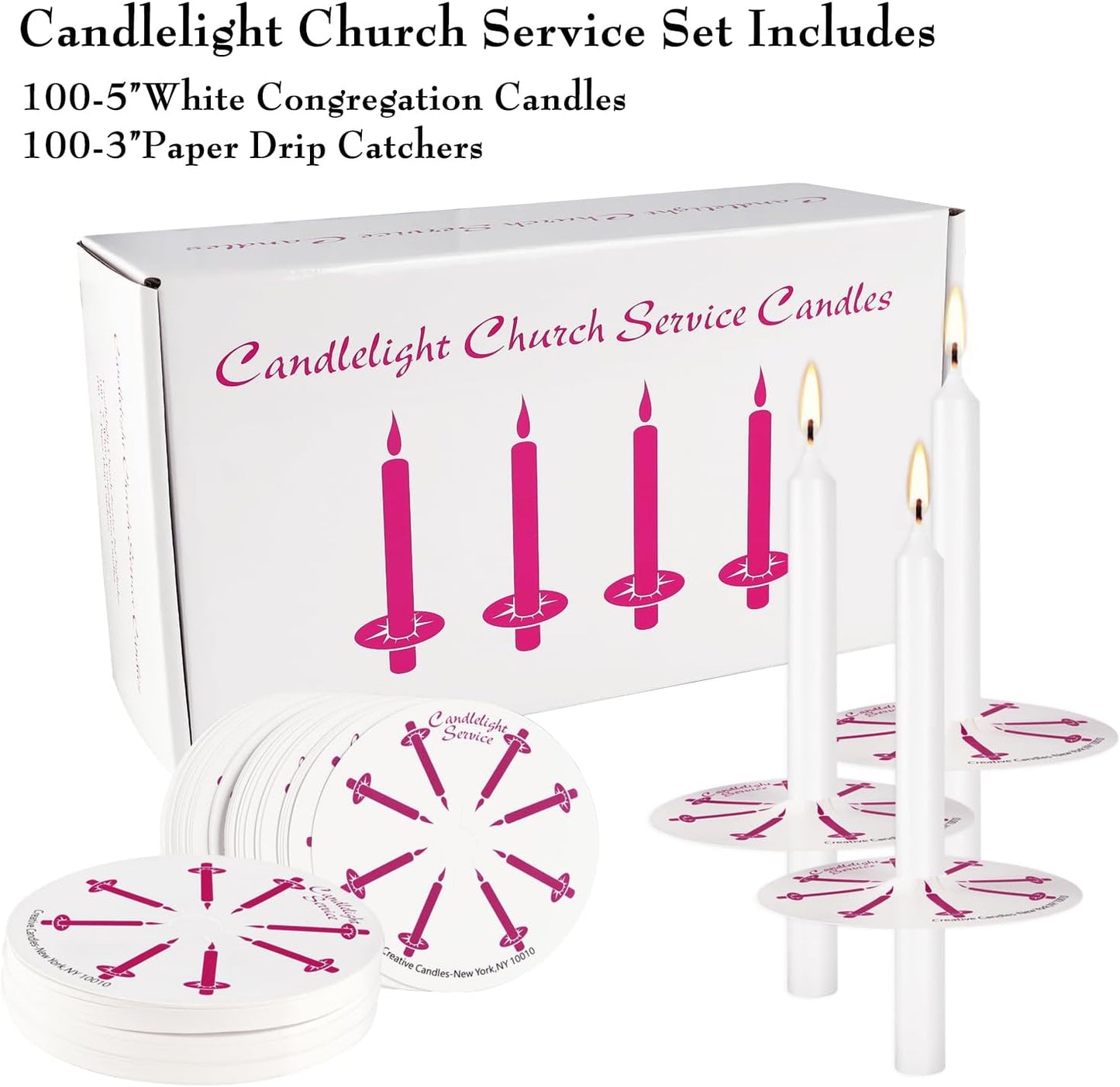 100 White Odorless Taper Candles - Handheld with Drip Protection, 5 Inches - Church & Sabbath Religious Candles