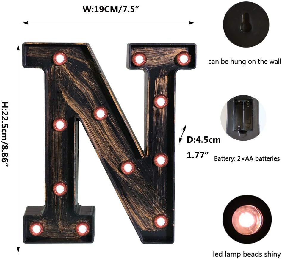 OYCBUZO Golden Black Led Marquee Letter - Industrial, Vintage Style Light Up Alphabet Letter Sign for Cafe Wedding Birthday Party Christmas Lamp Home Bar Initials Decor - N